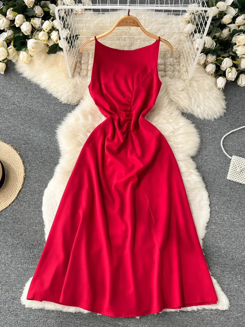 

Женское платье на бретелях-спагетти, красное элегантное приталенное вечернее праздвечерние чное платье-трапеция без рукавов, с рюшами, в ст...