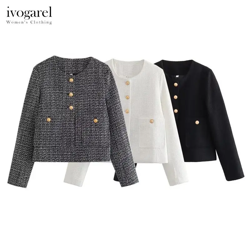 

Ivogarel Textured Cropped Jacket with Contrast Buttons Women's Autumn Chic Jacket with Crew Neck and Buttoned Patch Pockets