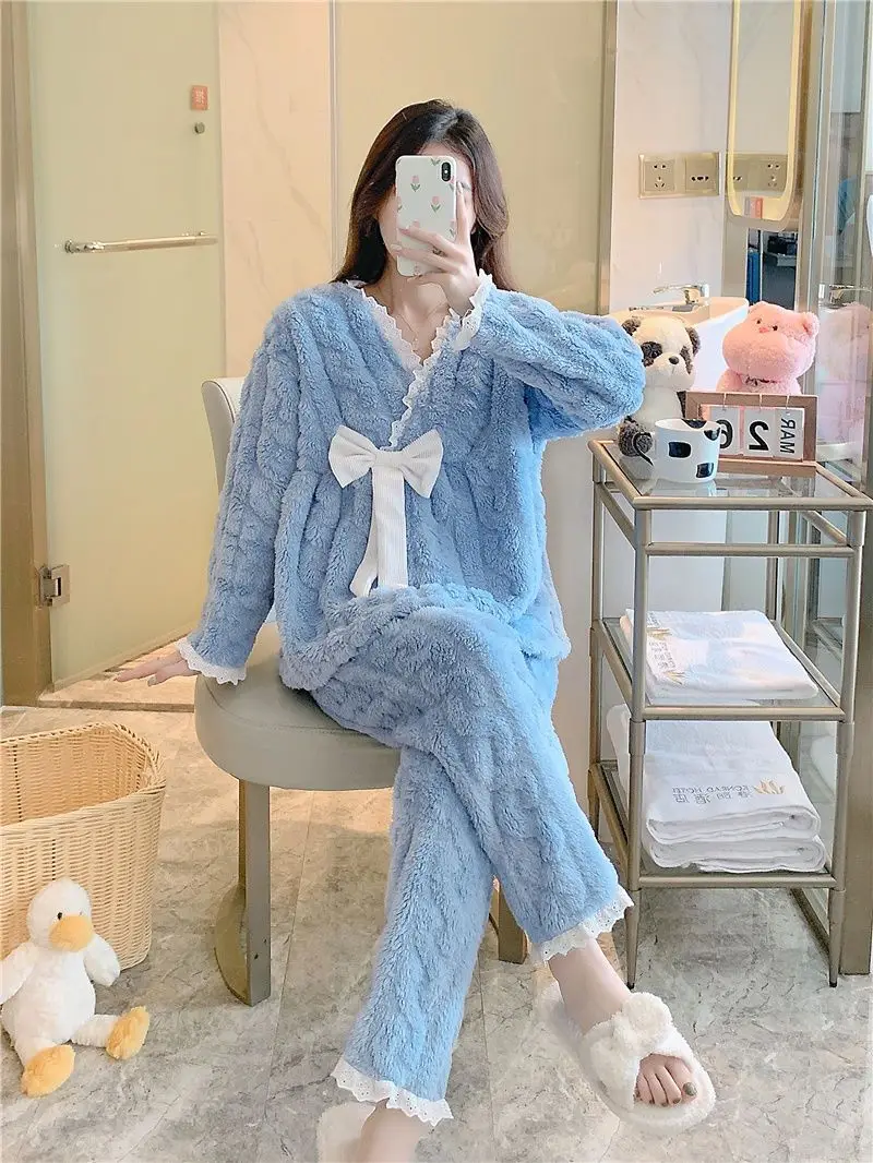 Women's Pajamas Autumn And Winter Thickened Fashionable Lapel Pajamas Suit Long Sleeve Cardigan Suit Plus Size Home Clothes
