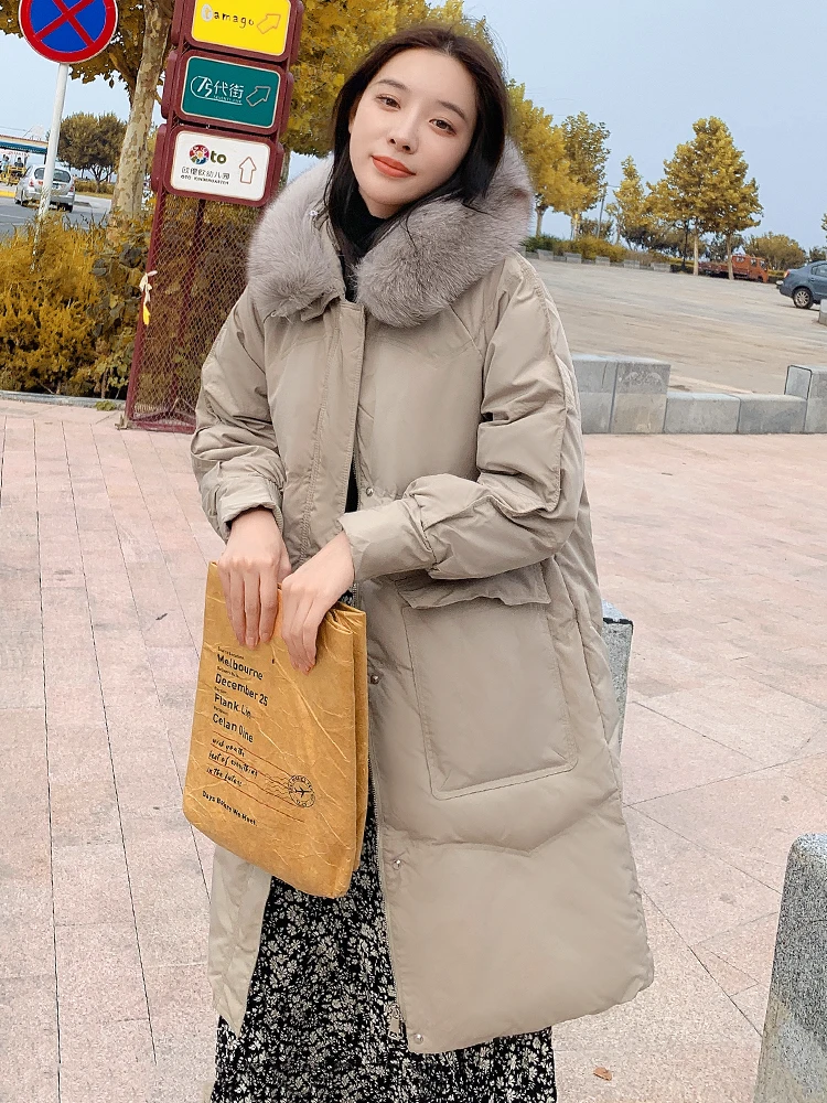 Winter Down Coat For Women Hooded Fur Collar Warm Thicken Ladies Female Long Parka Solid Jacket Elegant