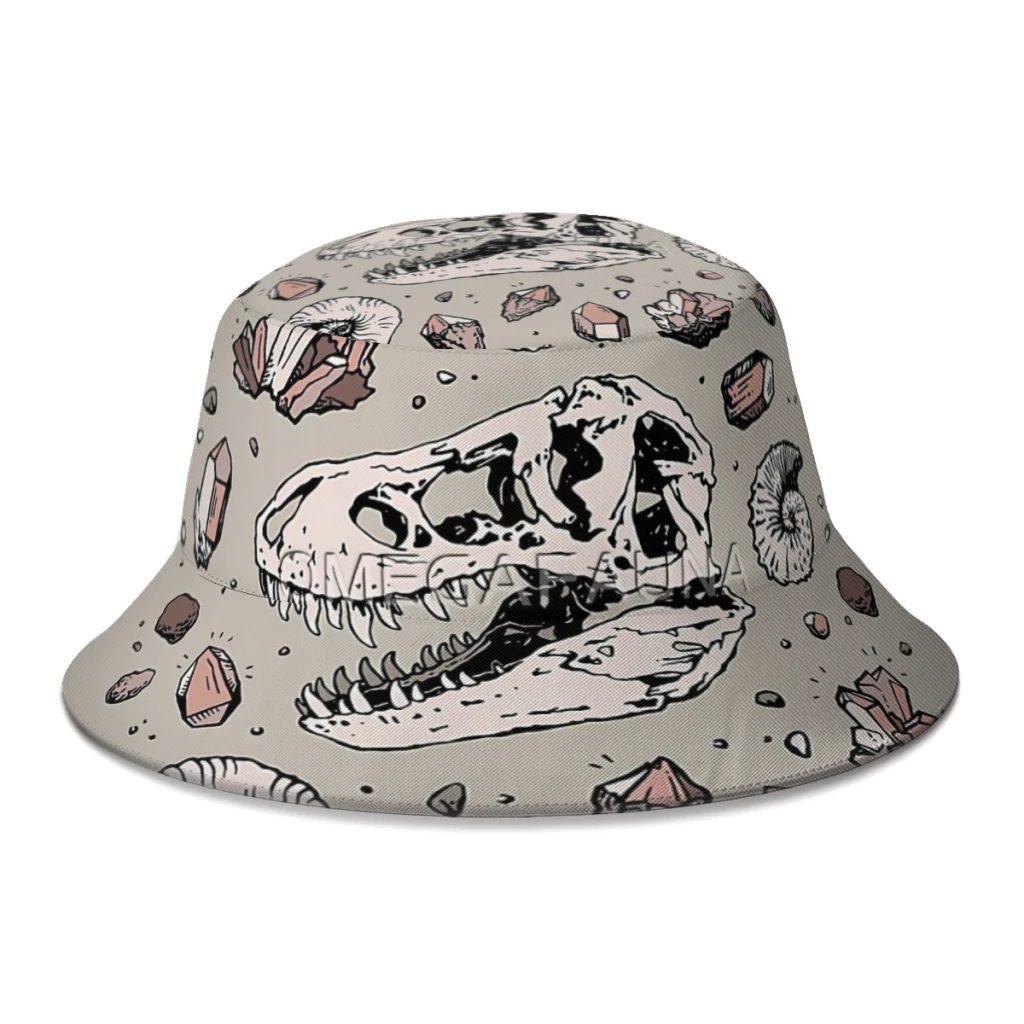 

2022 New Summer Geo Rex Vortex Rose Quartz Dinosaur Skull Fossil Bucket Hats for Women Men Art Beach Foldable Bob Fishing Hats