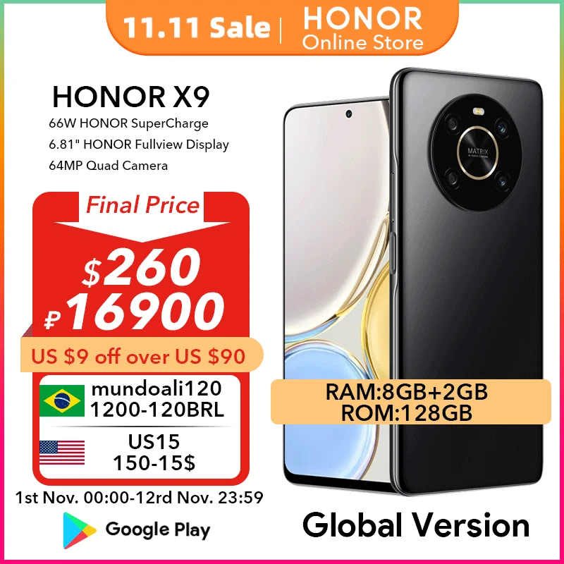 

Смартфон в наличии HONOR X9, 66 Вт, супербыстрая зарядка, дисплей 6,81 дюйма, мобильный телефон 8 ГБ, 128 ГБ