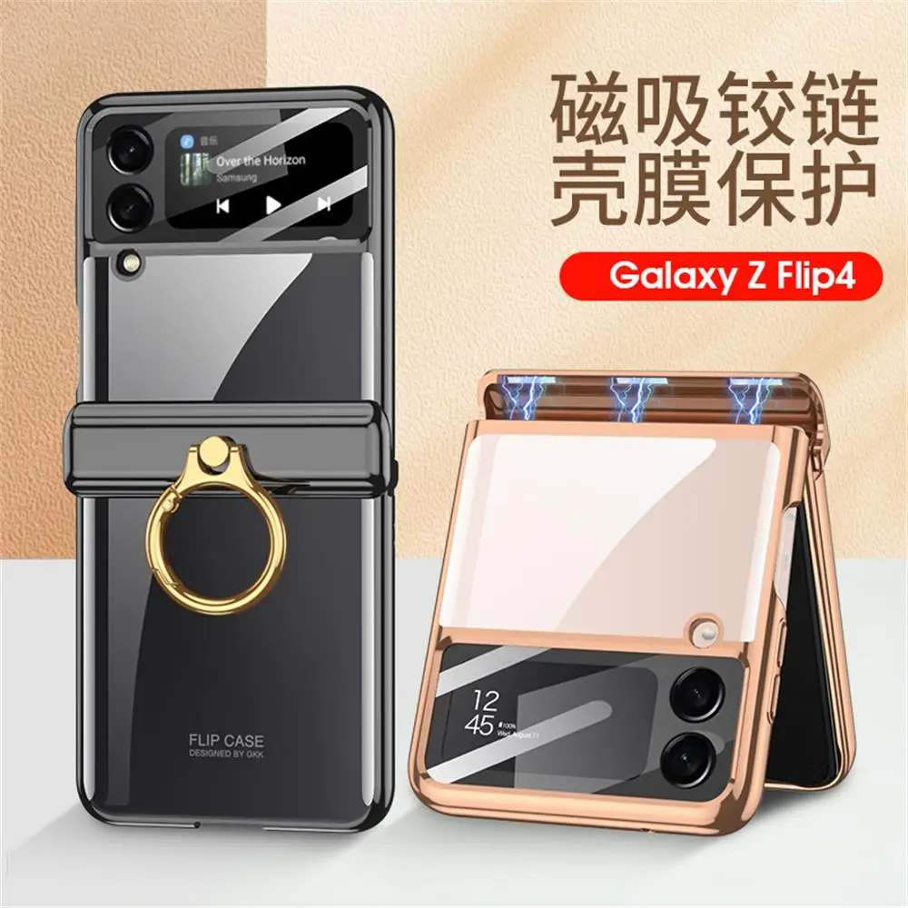 

For Samsung Galaxy Z Flip 4 Case Transparent Electroplating Magnetic Folding Hinge Ring Holder Mirror Film Shockproof Back Case