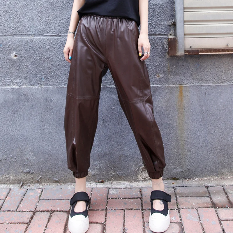 

Leather High Female Quality Pants Real Sheepskin Korean Harem Pants Loose Trousers for Women 2023 Pantalones De Mujer Pph3961