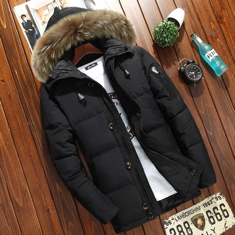 Winter Men's Parkas Thick Hooded Down Jacket Casual Mens Solid Color White Duck Down Coat with Fur Collar Warm Zipper Outwear