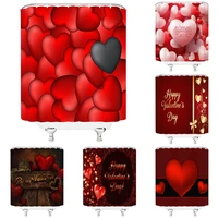 valentines day red heart shower curtain set with hooks sweet lovers wedding marriage girl ladies bathroom bathtubs decor fabric