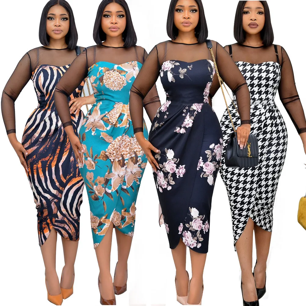 

New Casual Women's Dresses Long-sleeved Mesh See-through Splicing Black Striped Bird Check Open Commuter Xing'g Dresses Women