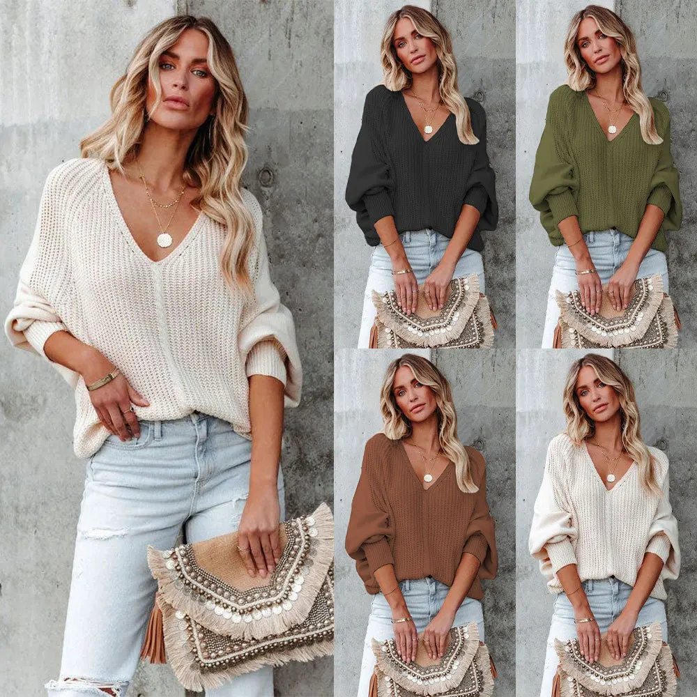 

2022 autumn and winter new rope bat sleeve sweater foreign trade loose pullover off-the-shoulder sweater women Sweater sweater