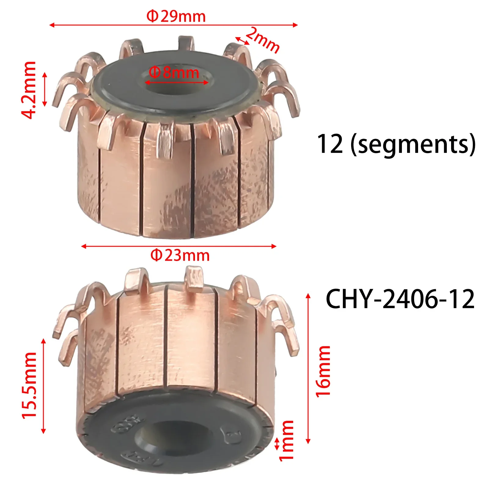 

CHY-2406-12 Коммутатор 23*8*15,5 мм Коммутатор двигателя 12P Зубья Тип медного крючка Электрический двигатель Коммутатор Тип крюка Детали