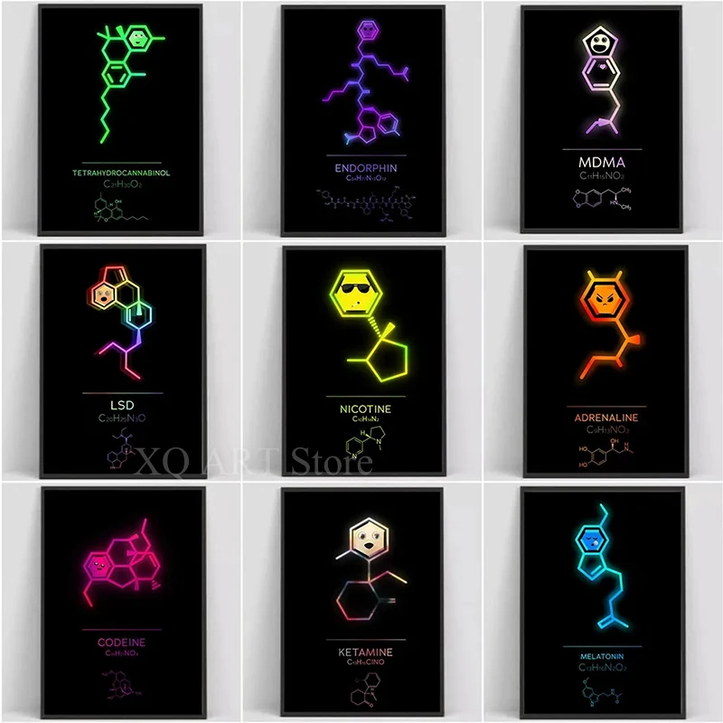 

Funny Neon Chemical Caffeine Oxytocin Dopamine Line Drawing Posters Prints Canvas Painting Wall Art Pictures For Room Home Decor