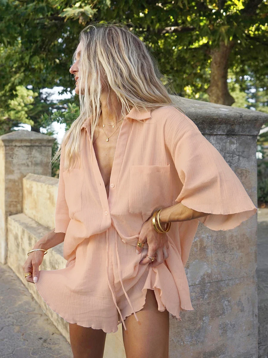

Cotton Cozy Casual Short Outfits Women 2023 Summer Pocket V Neck Shirt With Drawstring Shorts Simple Solid Fashion 2 Piece Sets