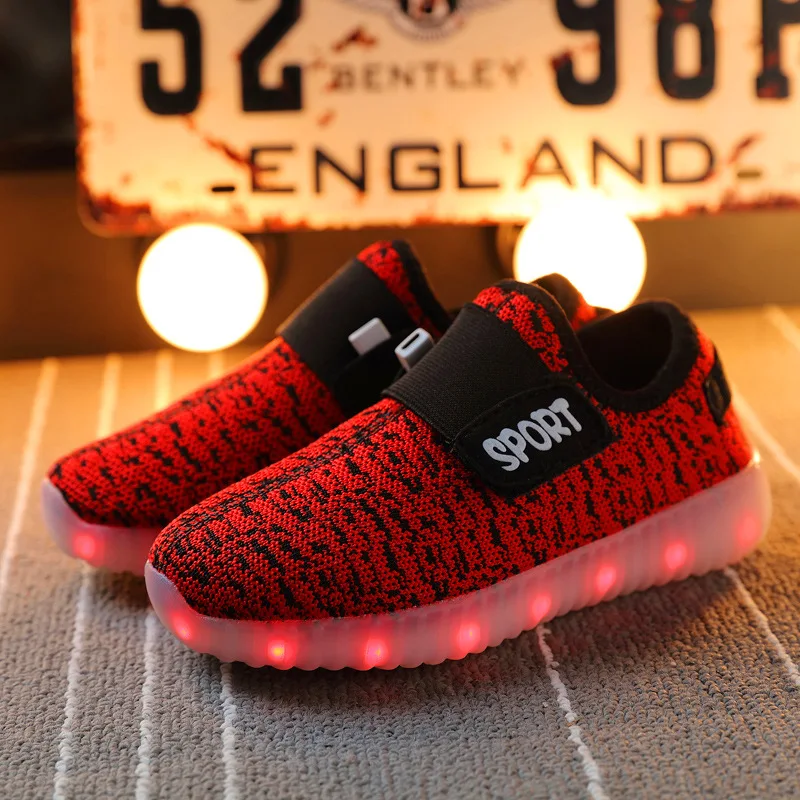 

Детские светящиеся туфли на липучке, модные светодиодные кроссовки, зарядка через USB, обувь с подсветкой, Размеры 25-37