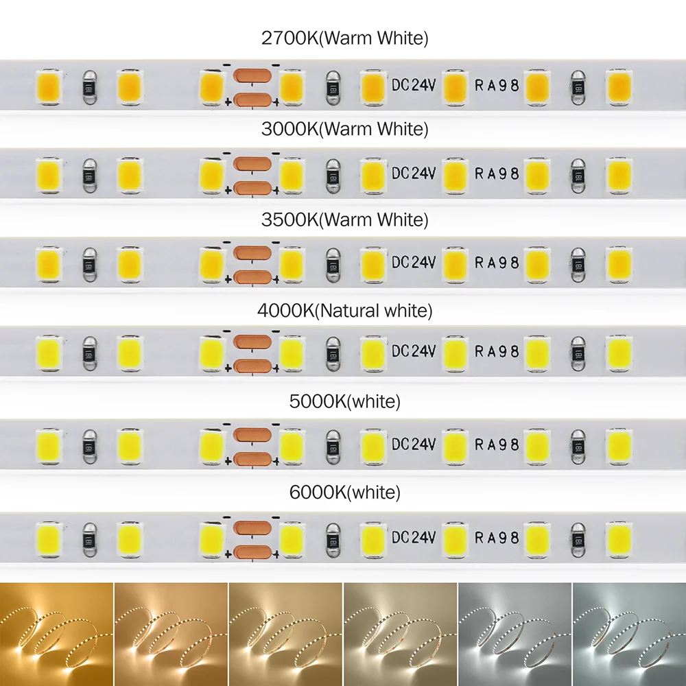 Фото Светодиодная лента 5 мм 8 мм RA98 10 мм PCB 2700K 3000K 3500K 4000K 5000K 6000K 5 м 10 м 24 В 2835 120 240 светодиодов Гибкая лента освещения №1