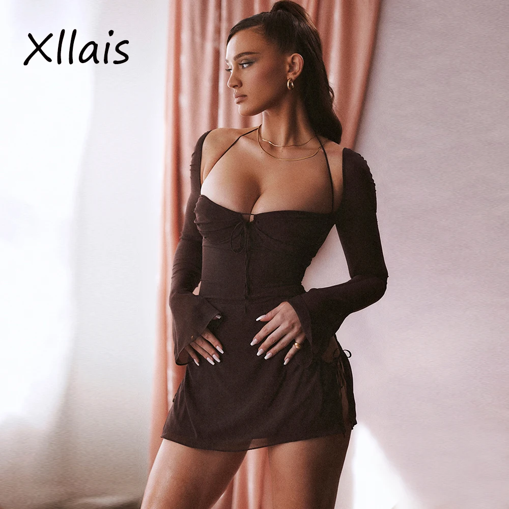 XLLAIS женские сетчатые платья с расклешенными длинными рукавами Вечерние на день