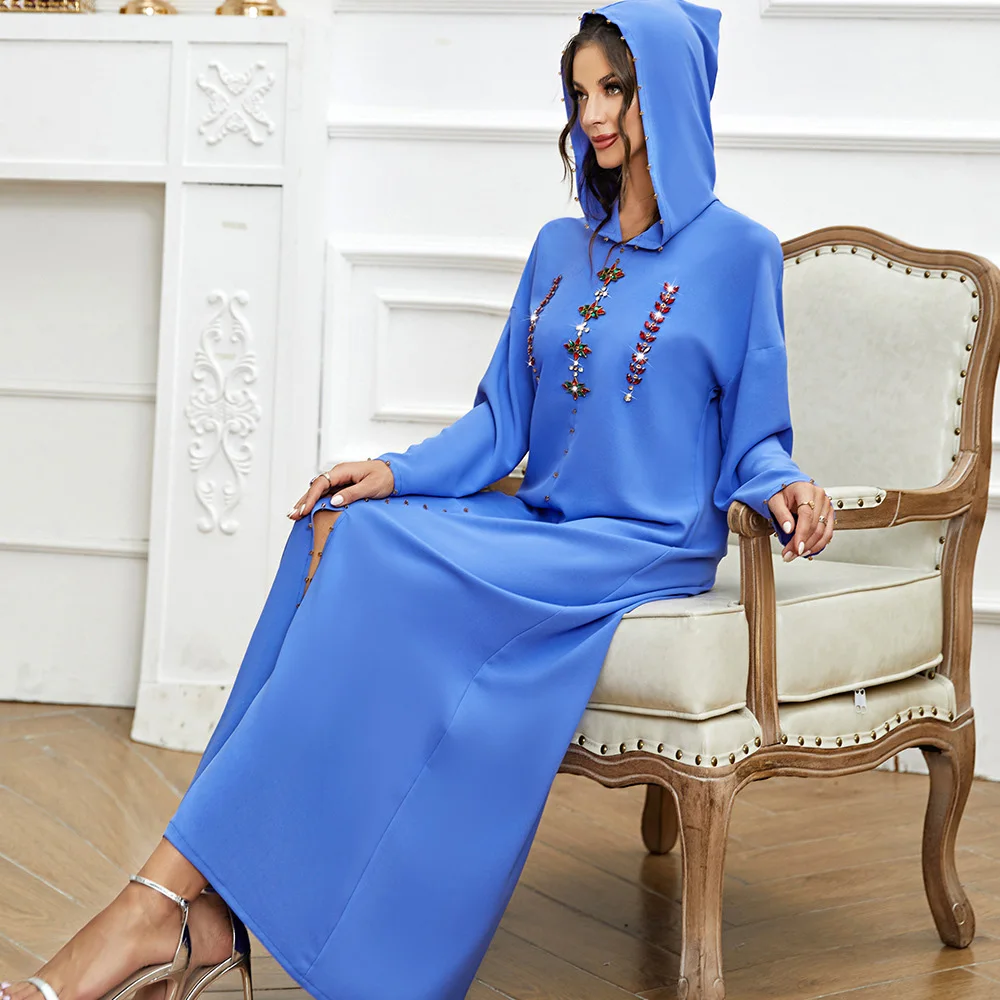 BA303 повседневное длинное платье Рамадан с капюшоном для женщин, абайя залива Дубай, вечерняя одежда, мусульманский халат с бриллиантами и шл...
