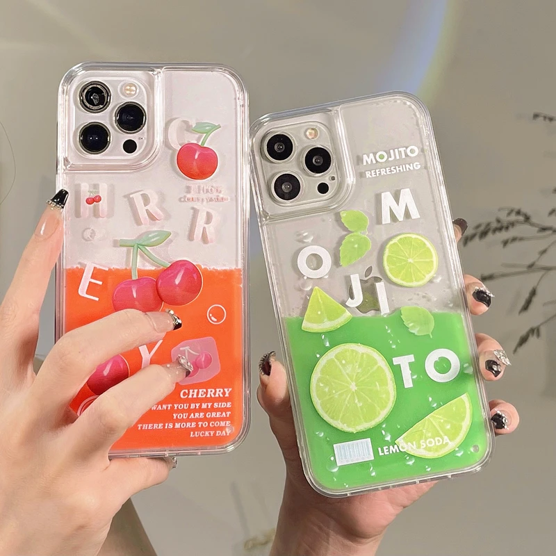 

Cute Summer Lemon Cherry Drink Liquid Quicksand Phone Case For iPhone 11 12 13 Pro Xs Max Xr X Shockproof Soft Silicone Cover