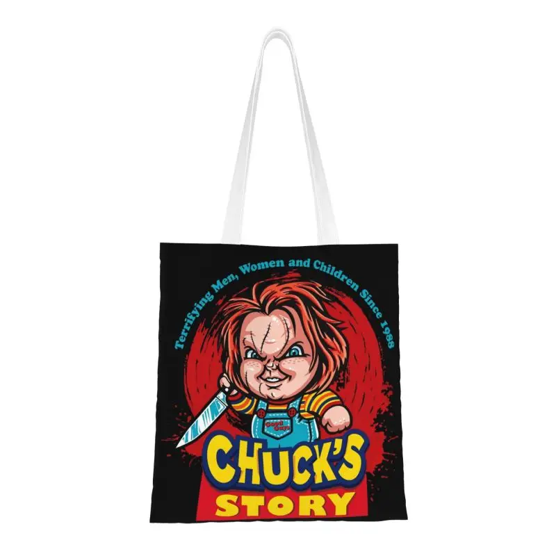 

Custom Horror Killer Chucky Canvas Shopping Bags Women Portable Groceries Child's Play Movie Shopper Tote Bags