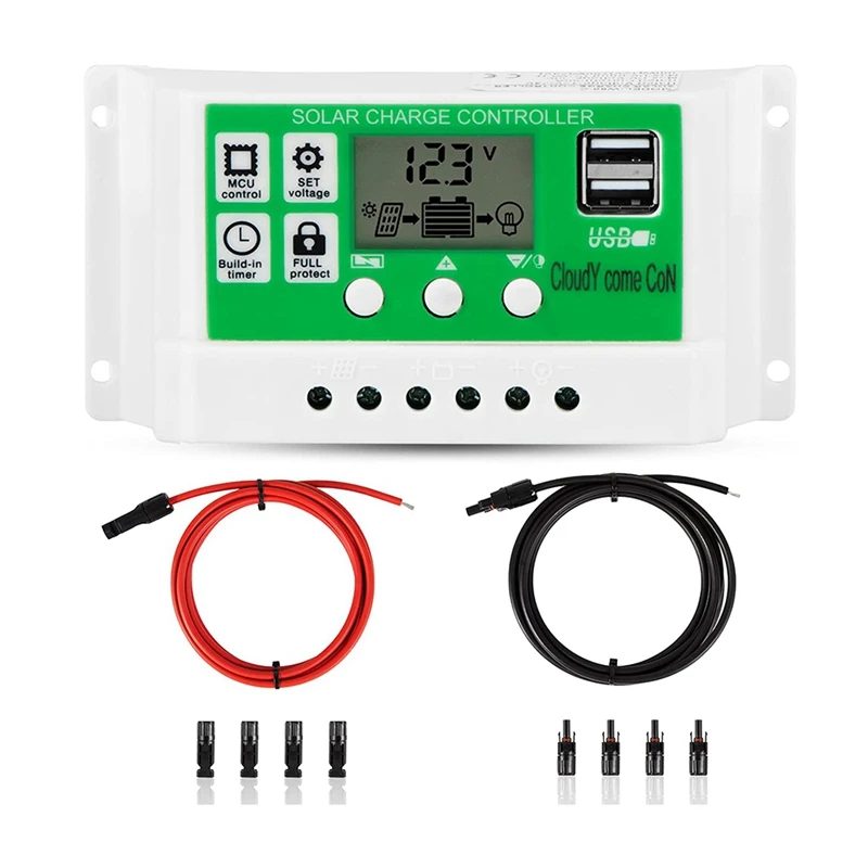 

30Amp Solar Charge Controller Kit, 12V/24V Solar Panel Charge Controller With LCD Display Dual USB Solar Extension Cable-ABUX