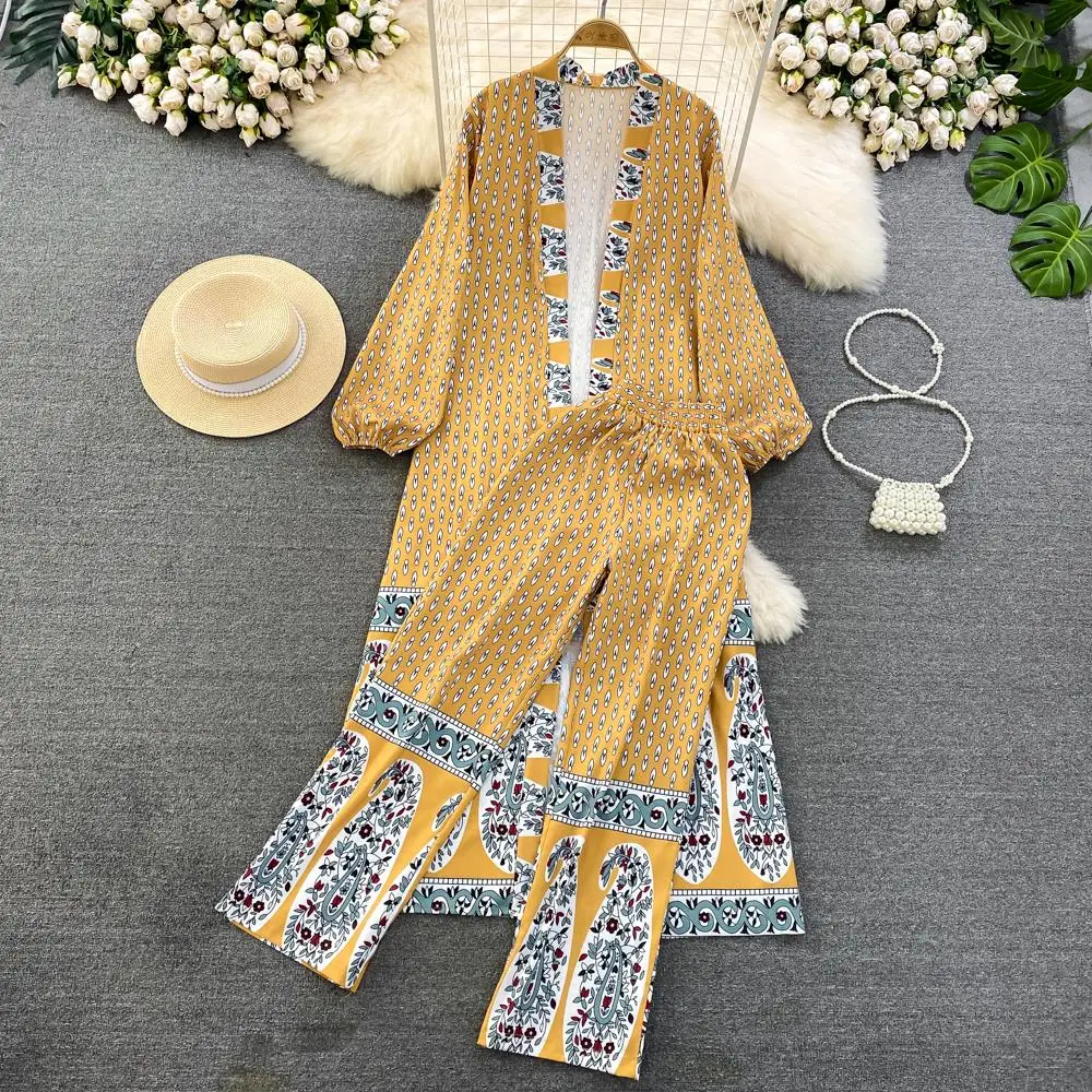 

Women Summer Casual Loose Floral Fashion Pantsuit Vintage Long Shirts Blouses Straight Pantalons 2 Pieces Set Female Tracksuit