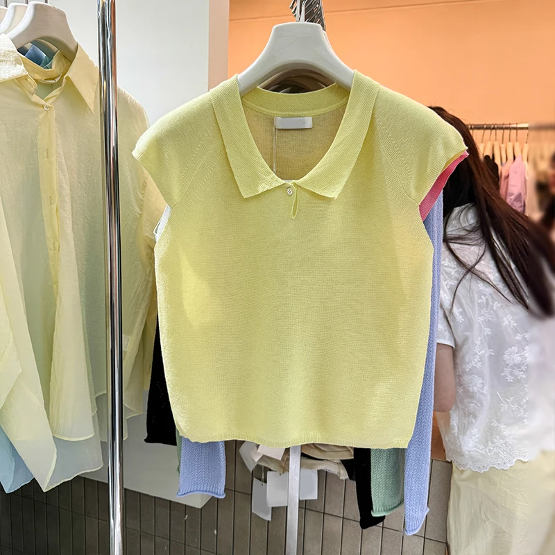 Thirteen Lines Summer New Korean Sle Lapel Pullover Half Sleeve T-shirt Loose Thin Dark Blue Casual Vest Top