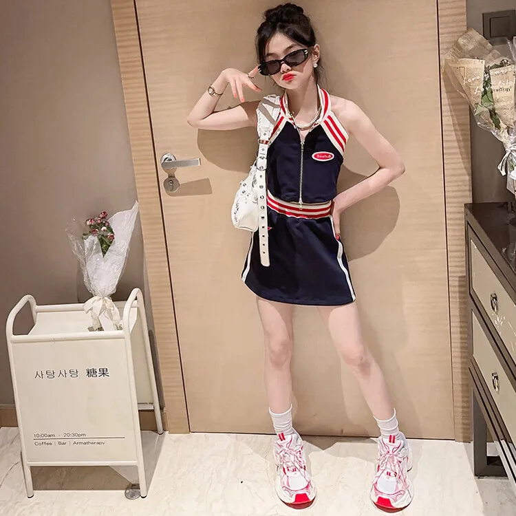 

Korean children's clothing 2023 summer children's college style suit skirt girls short sleeve skirt