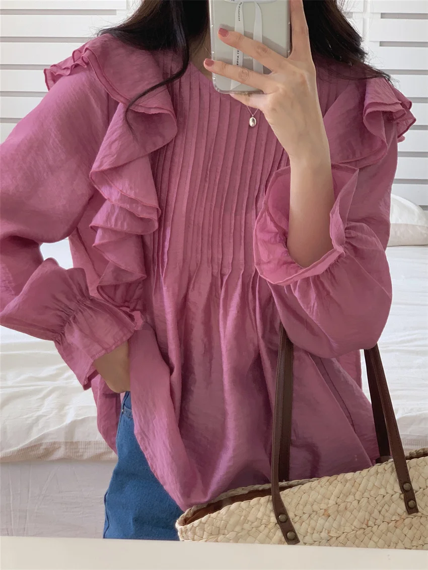 

Women Blouses Eyffles Thin Gentle New Tops Spring Full Sleeve Office Wear 2022 Femme Loose Streetwear Chic OL Solid