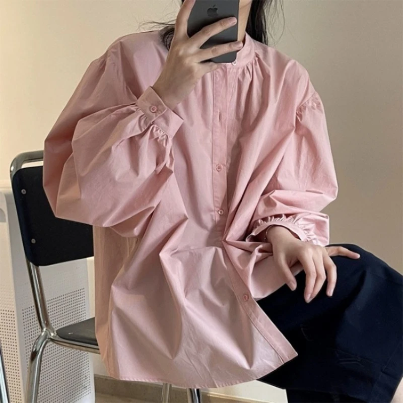 

Shirt with Stand-up Collar 2022 Women Spring/Summer Single Breasted Lantern Sleeve Loose Casual Solid Color