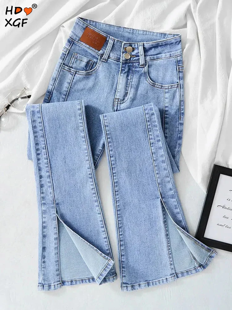 

Эластичные джинсовые расклешенные брюки, женские винтажные джинсы с разрезом и высокой талией, корейские джинсы с колокольчиками, весенние и осенние длинные брюки, уличная одежда