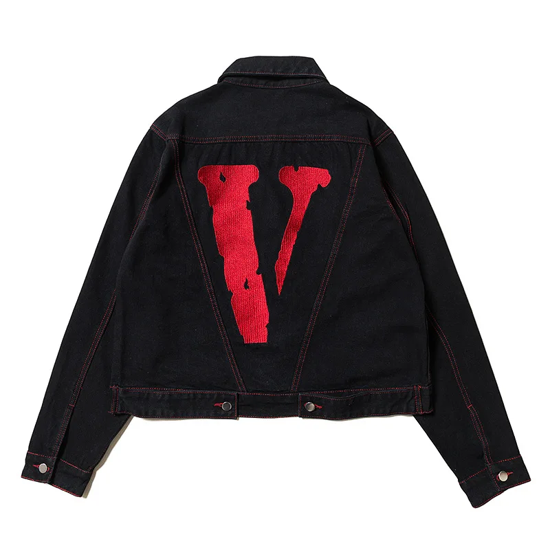 Vlone women/men new fashion loose black long sleeve large V Embroidered Denim Jacket couple Unisex Fashion leisure top