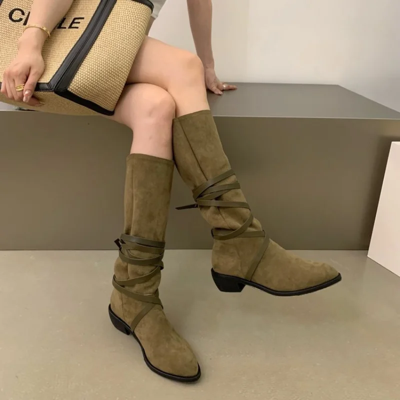 

Женские винтажные ковбойские сапоги на ремешках, замшевые сапоги до колена с острым носком на низком каблуке, Осень-зима