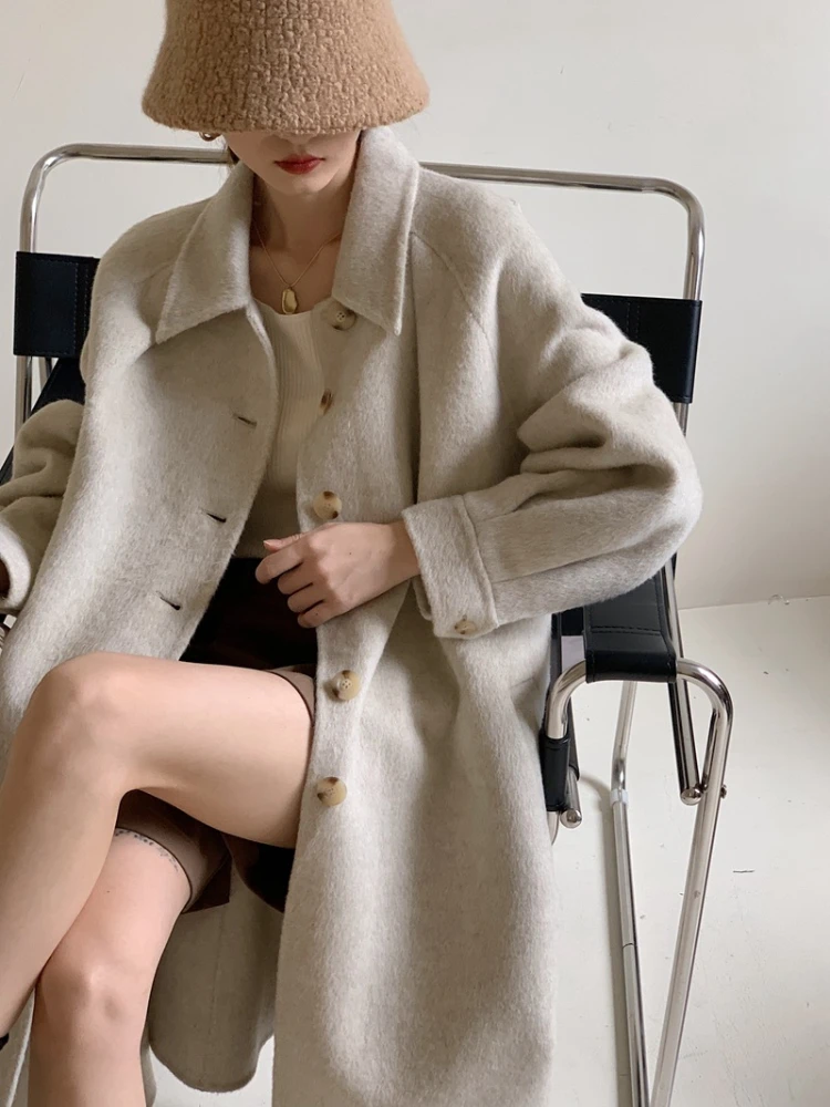 

2023 X-long Winter Women Real Fur Coat Single Breasted Wool&blends Rabbit Fur Loose Bathrobe New Fashion Warm Outerwear