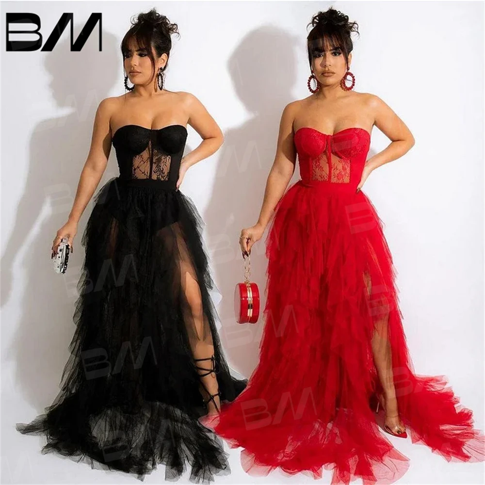 

Strapless Tiered Lace A-line Evening Gown Sweetheart Sexy Illusion Backless High Slit Party Dresses For Women Prom Gown