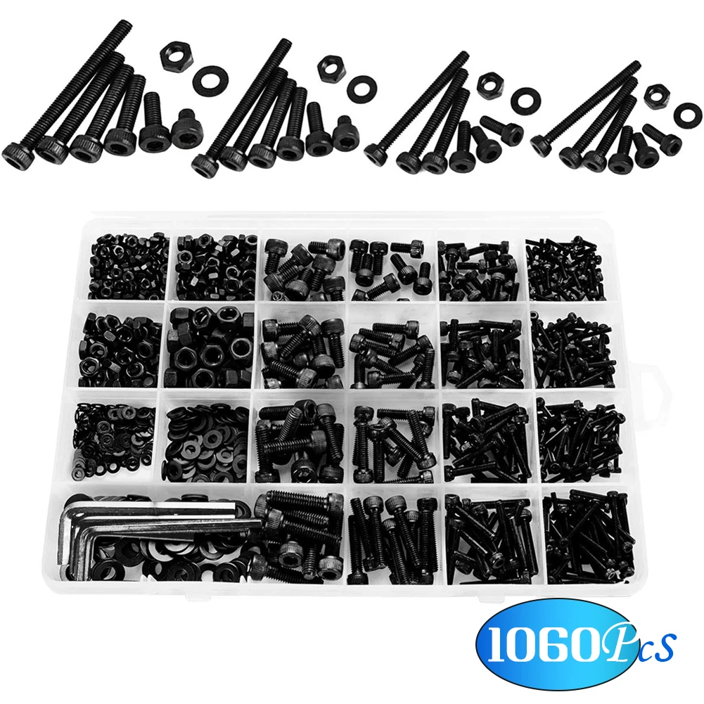 

1060Pcs/lot Hex Socket Assort Screw M2 M3 M4 M5 Head Bolts Round Cap Socket Screws Set Nuts Set Flat of bolts and Nuts
