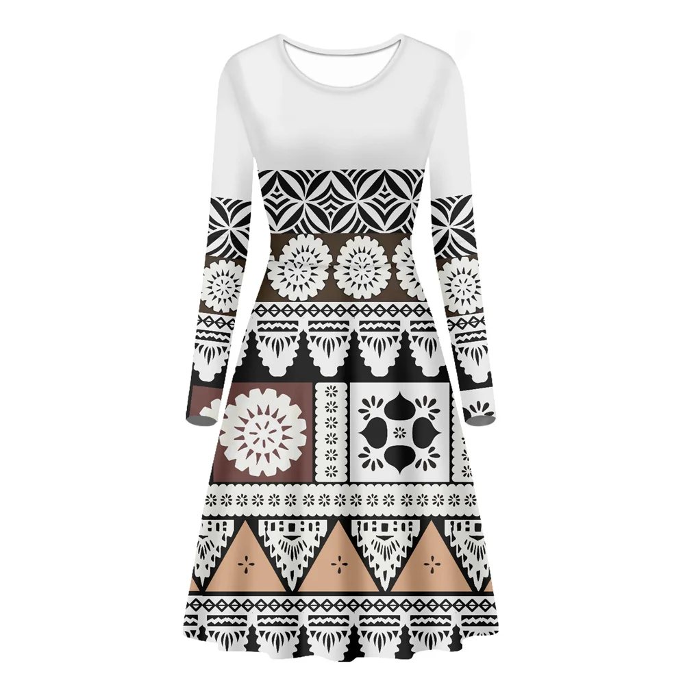 

Latest Designs Polynesian Tribal Samoan Fijian Tapa Masi Print Casual Ladies Dress Long Sleeve O-neck Midi Island Hawaiian Dress