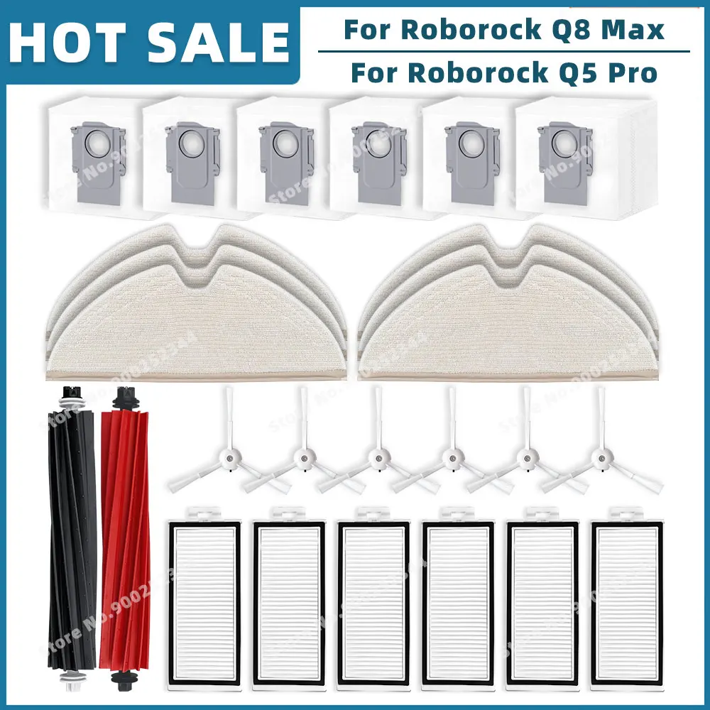 Запчасти для Roborock Q8 Max, Q8 Max+, Q5 Pro, Q5 Pro+, сменные детали, аксессуары, основная боковая щетка, Hepa фильтр, Швабра, пылесборник