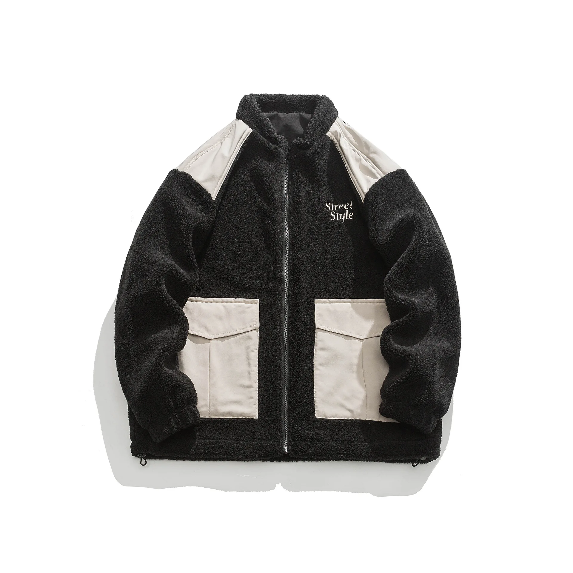 LUCLESAM Men's Stand Collar Lamb Wool Cotton Coats Stitching Contrast Color Pockets Autumn/Winter New Retro Casual Down Jacket