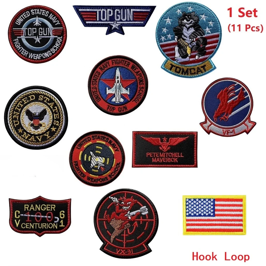 

11Pcs/Set Top Gun Tomcat Embroidery Patch Chapter American Navy Air VF-1 Pilot Armband Clothes Badge Jacket Sticker Hook Loop