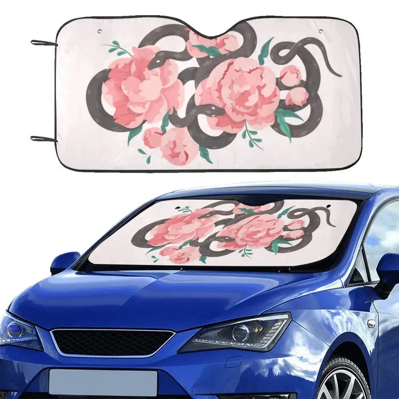 

Pink Peony Boho Snake Car sunshade for windshield, Witchy Aesthetic floral Window Sun Blocker, Cute Boho car accessories