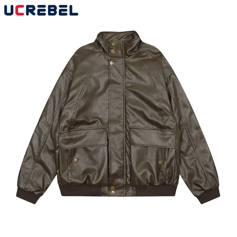 

Куртка мужская кожаная с карманами и воротником-стойкой, свободная уличная одежда, мотоциклетная куртка с длинным рукавом и соединением, Осень-зима