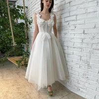 elegant sweetheart mesh net tulle midi prom dresses bow straps sashes handmade flowers tea length a line wedding party dresses