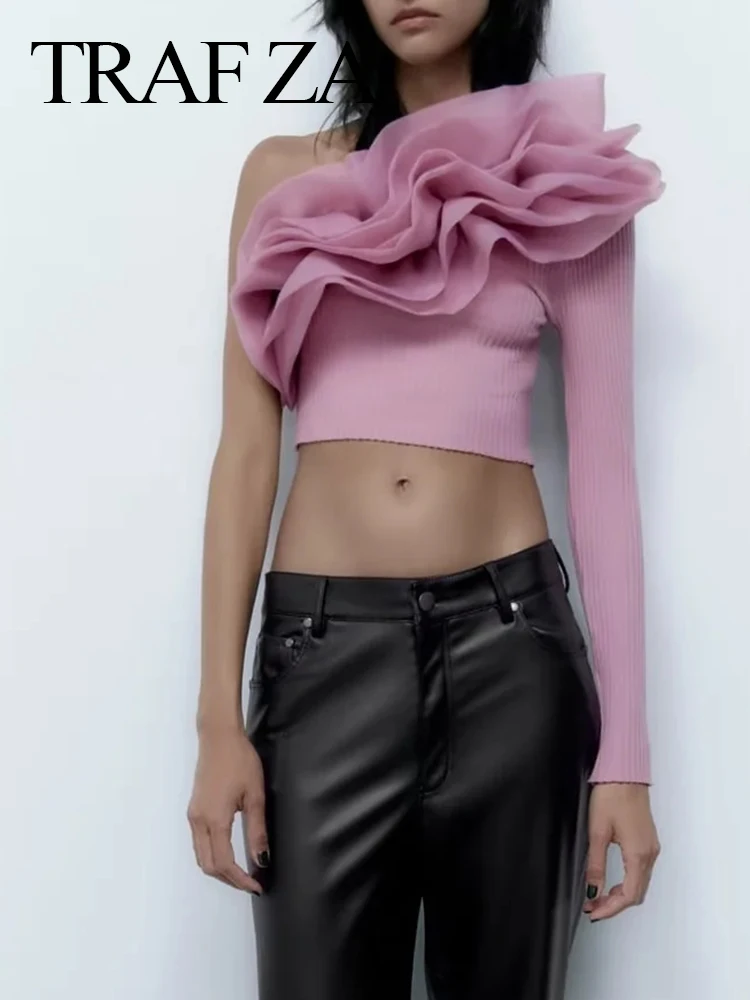 

Блузка женская трикотажная однотонная с длинным рукавом и органзой