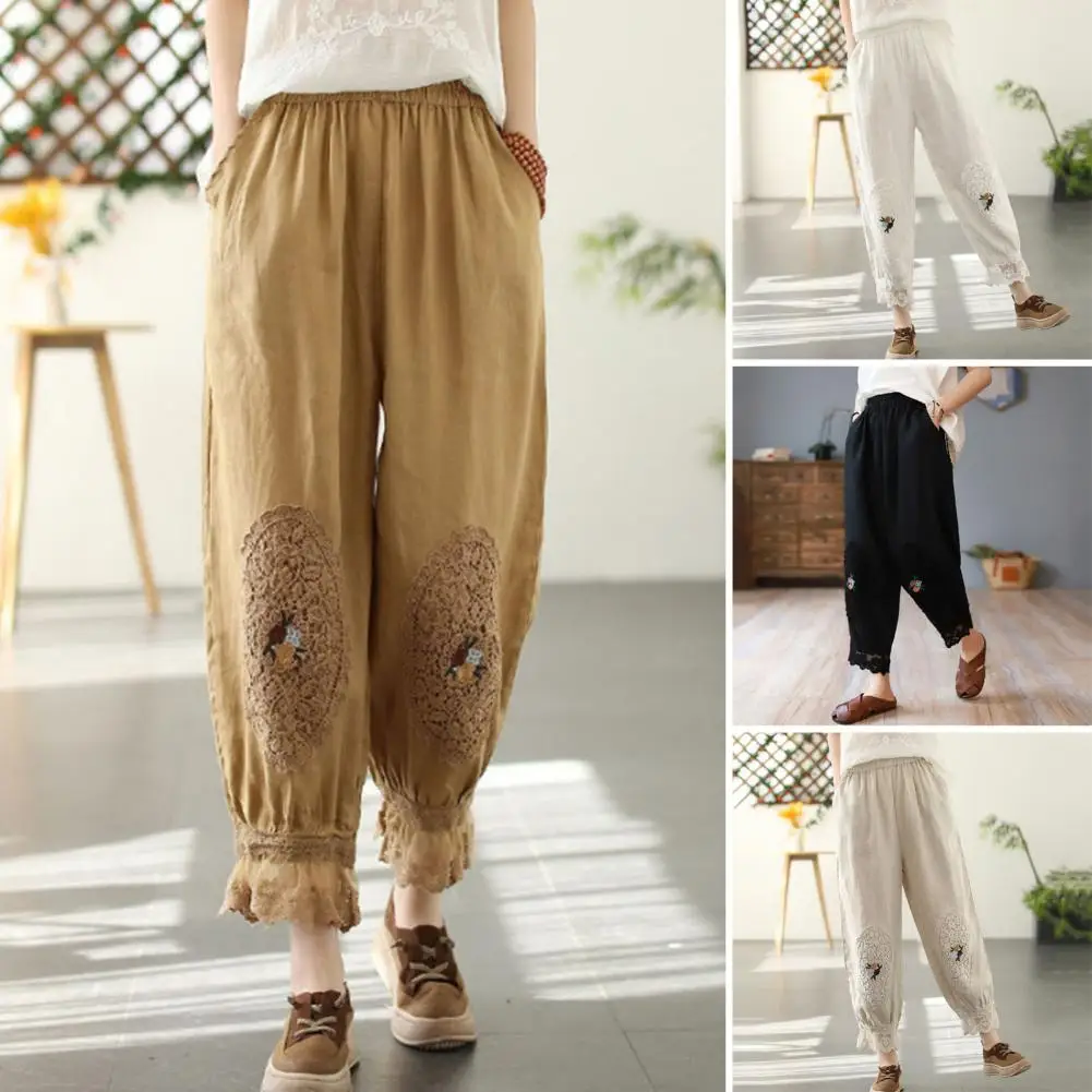 

Брюки женские кружевные с цветочной вышивкой, ажурные плиссированные брюки в стиле ретро, с завышенной талией, с эластичным поясом, летние