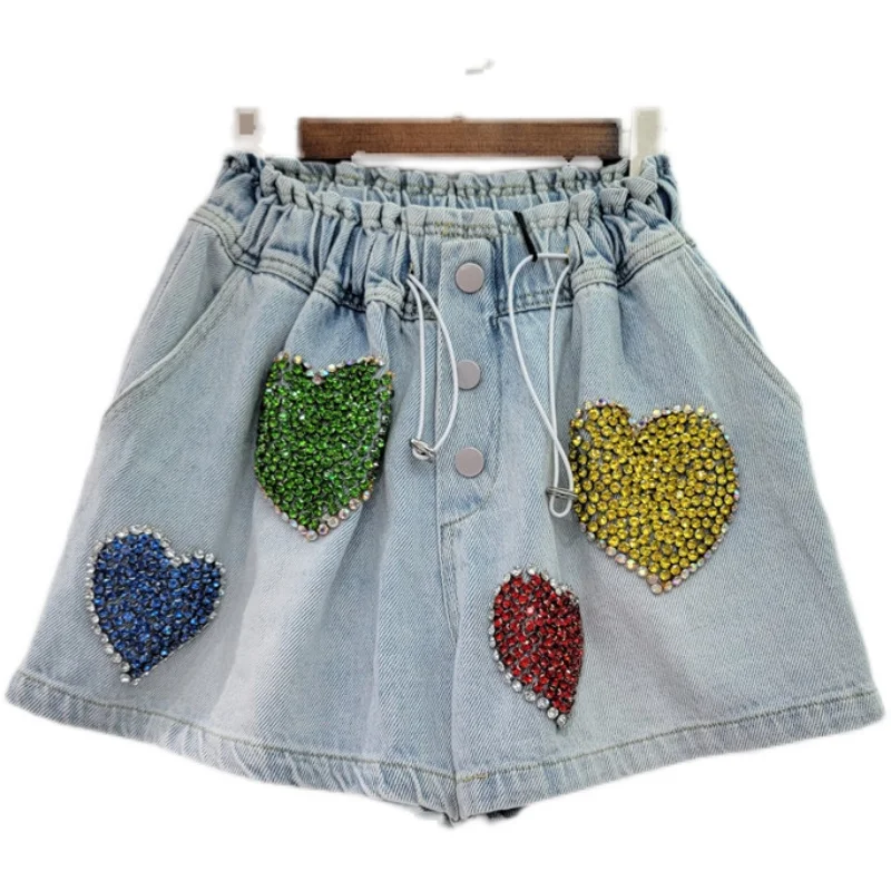 European Station 2023 Summer New Short Pants Exquisite Rhinestone Beaded High Waist Slimming Jeans Wide-Leg Denim Shorts Women