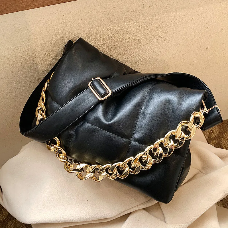 

Thick Chian Design Fashion PU Leather Shoulder Bag Women Handbag Quilted Padded Crossbody Bags 2022 Hit Winter Simple Brands