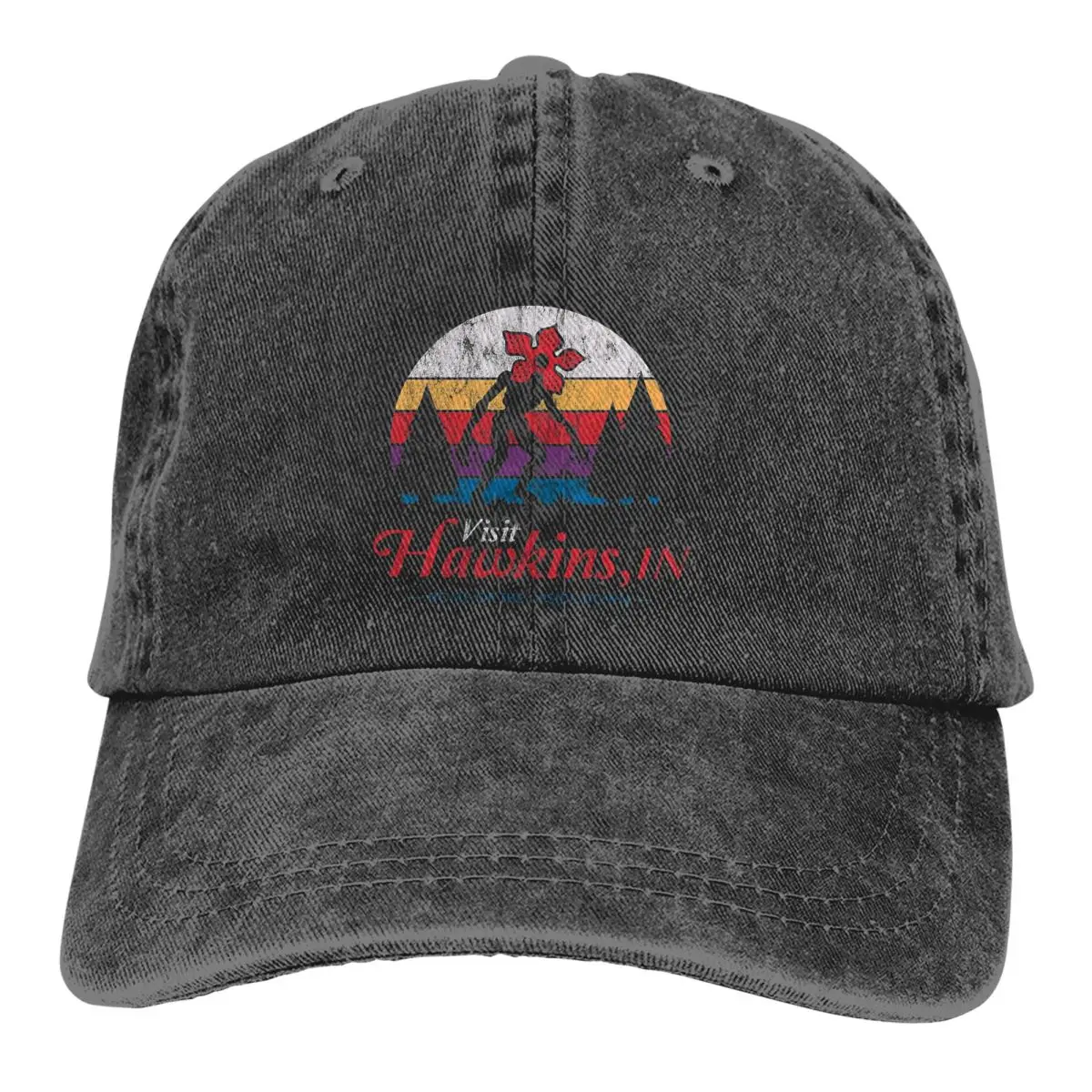 

Washed Men's Baseball Cap Visit Hawkins Trucker Snapback Caps Dad Hat Stranger Things Netflix Horro TV Series Golf Hats