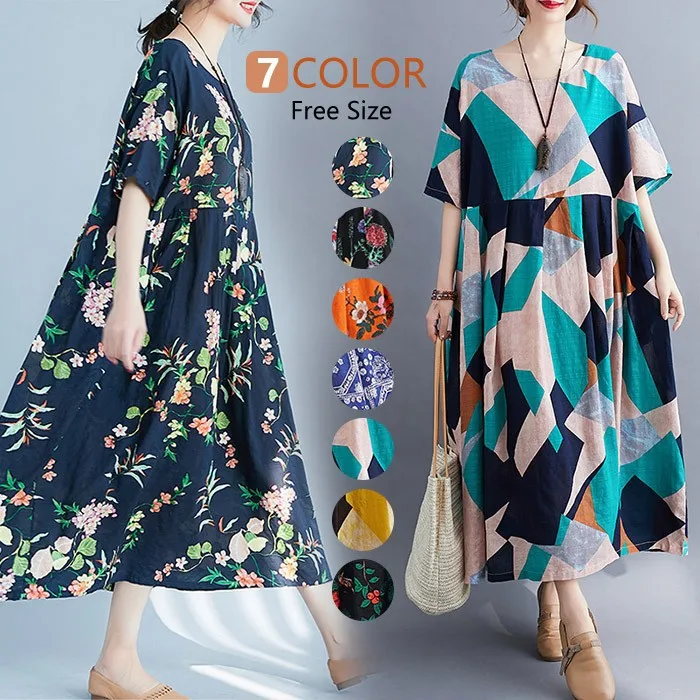 

2023 Women Summer Dress 100kg Women Summer Large Loose Cotton Hemp Long Dress Mid Length Belly Covering Printed Dresses