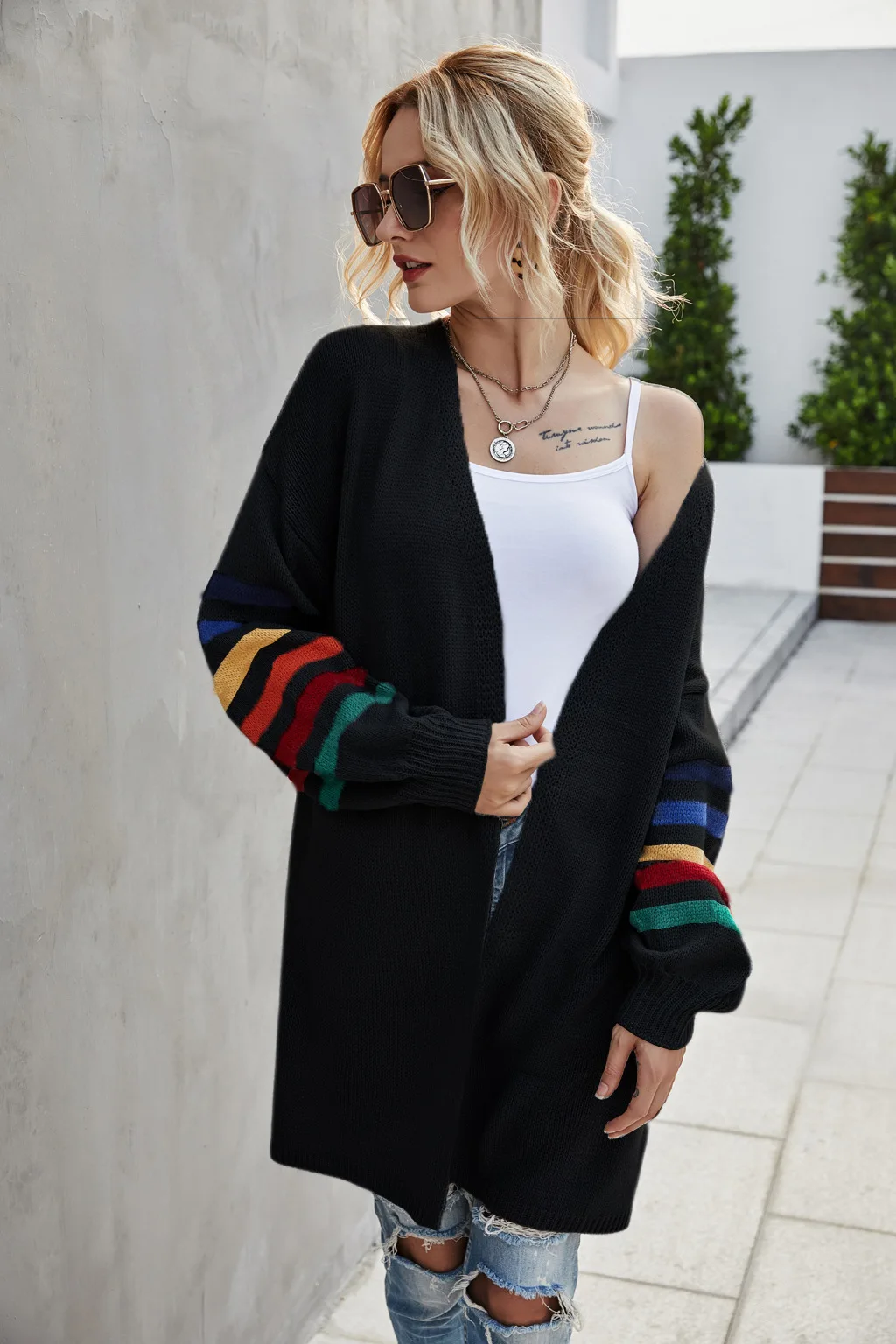 

Cardigan Women 2022 New Fashion Stripe Long Sleeve Elegant Loose Ladies Knitted Tops Autumn Oversized Long Cardigan Coat