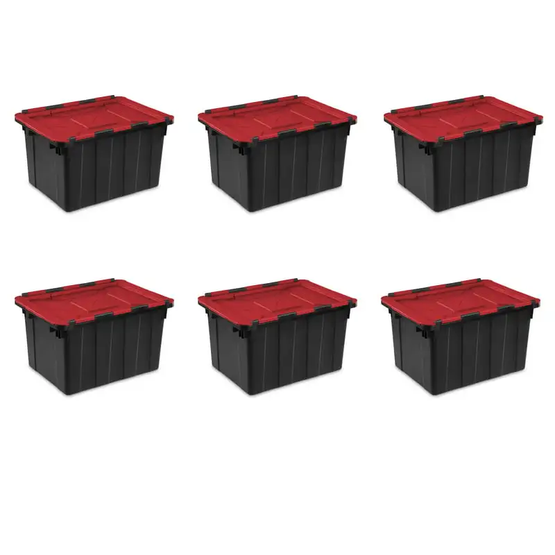 

Incredible Set of 6 Black Gallon Hinged Lid Industrial Plastic Tote Boxes - Durability and Quality Guaranteed!