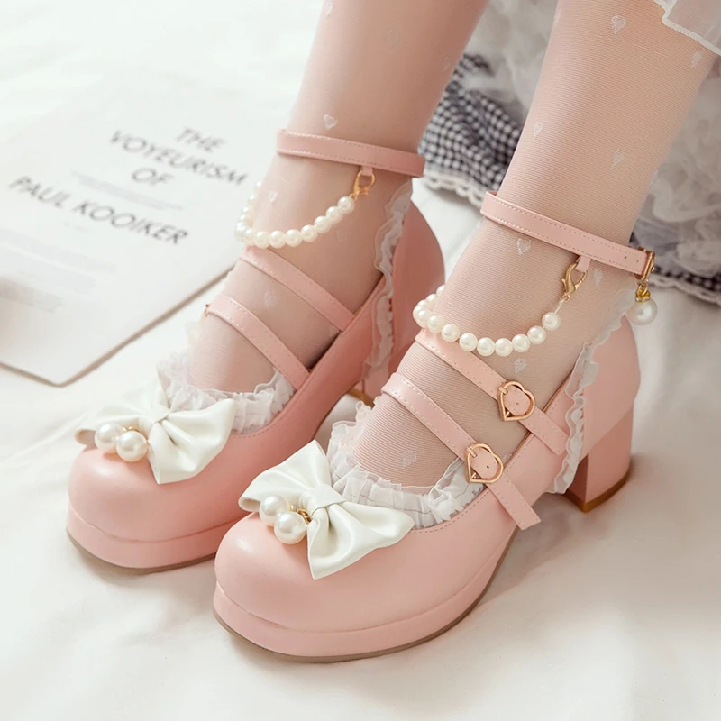 

Lucyever Sweet Pearls Ankle Strap Lolita Shoes Women Lace Bowtie Platform Mary Janes Shoes Woman High Heels Party Shoes Ladies
