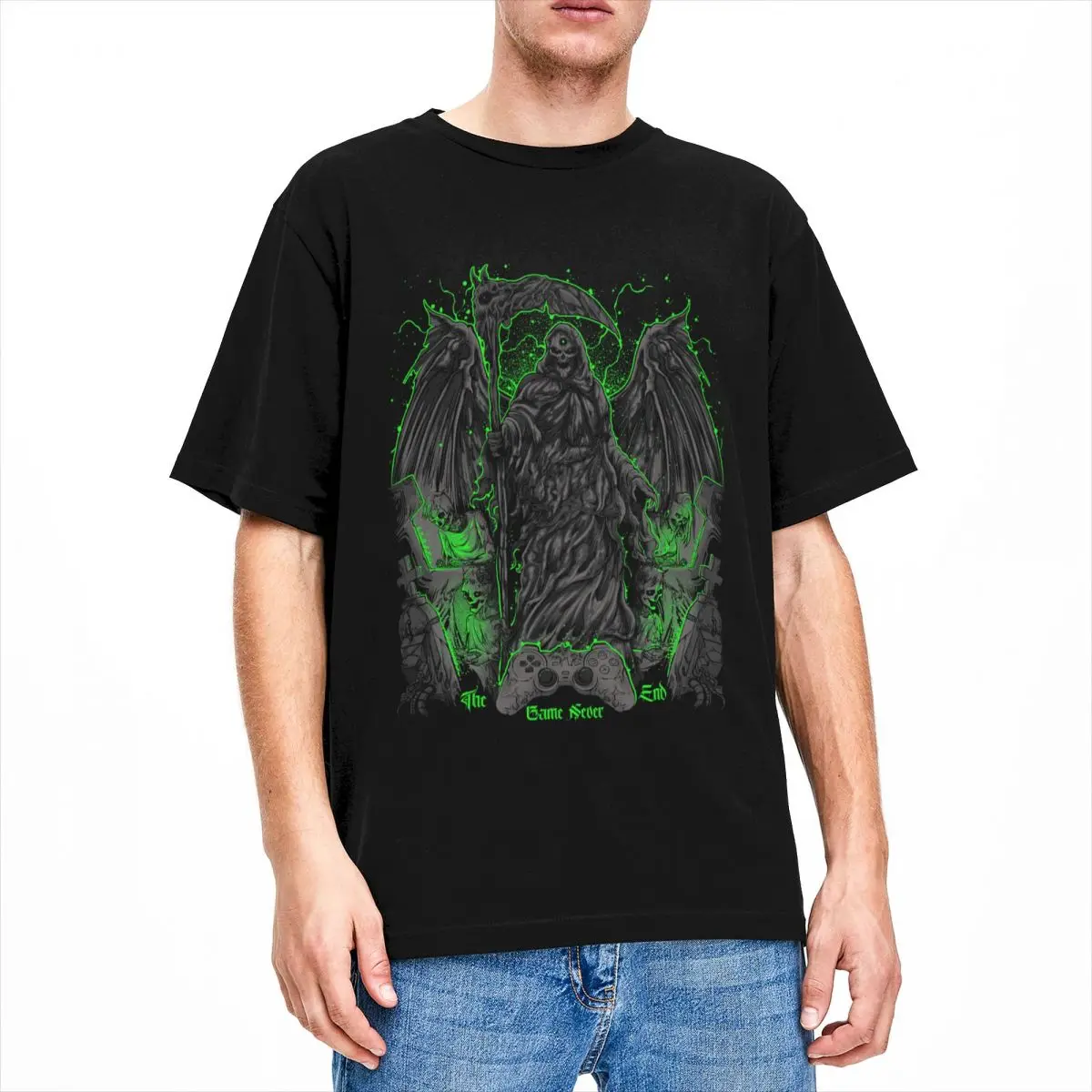 

Men T Shirt Death Grim Reaper Game Lover Accessories Creative Pure Cotton Skull Goth Game Never End T Shirts Round Collar Tops